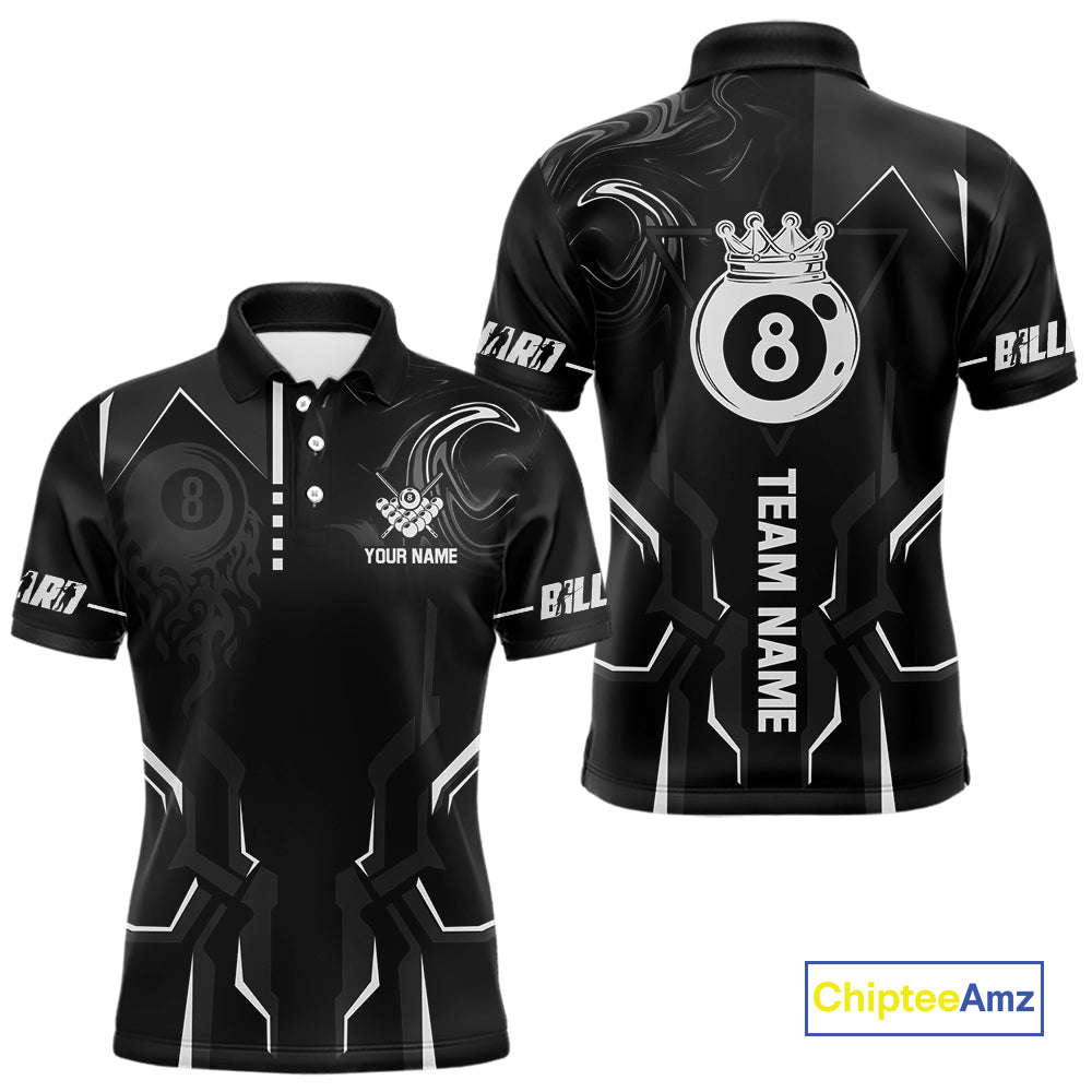 Customized 8 Ball Pool Crown Men Billiard Shirt, White And Black Billiard Team Shirt, Pool Jersey TDM4053