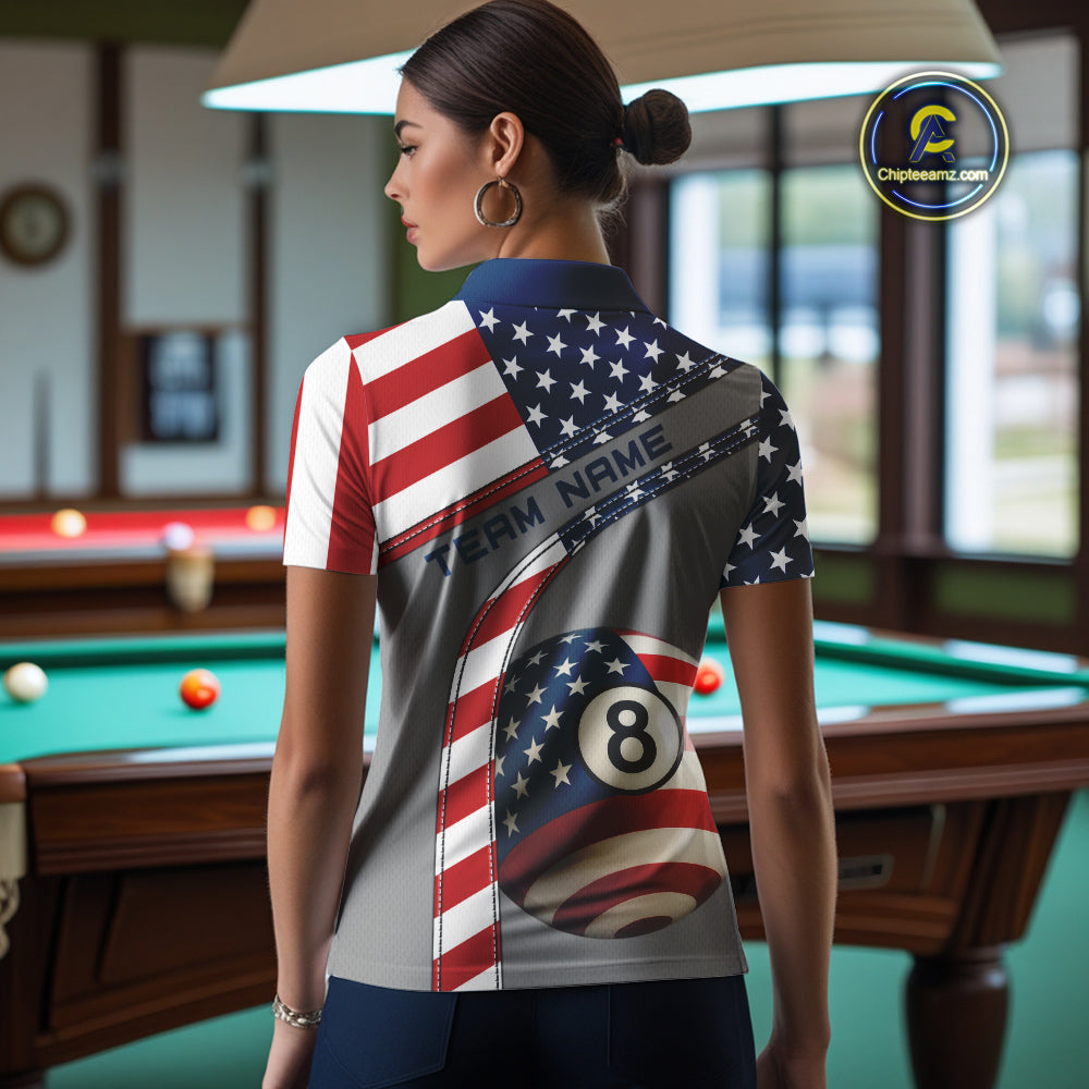 Custom Women's 8 Ball Billiard Shirts, American Flag Polo & 1/4 Zip Patriotic Pool Team Jerseys TDM4055