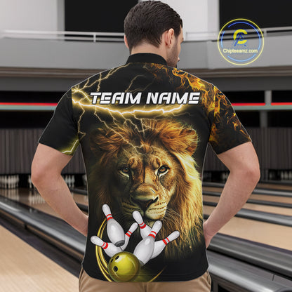 Man wearing personalized yellow lightning thunder lion bowling team jersey quarter zip shirt featuring yellow lightning lion artwork, back view.