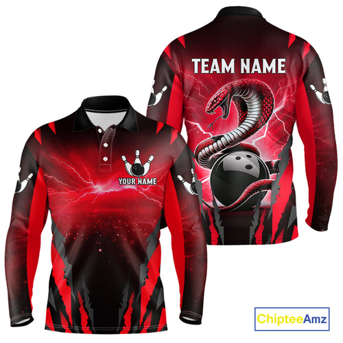Personalized Thunder Lightning Cobra Snake Bowling Shirts For Men, Red Bowling Team Jersey TDM4644