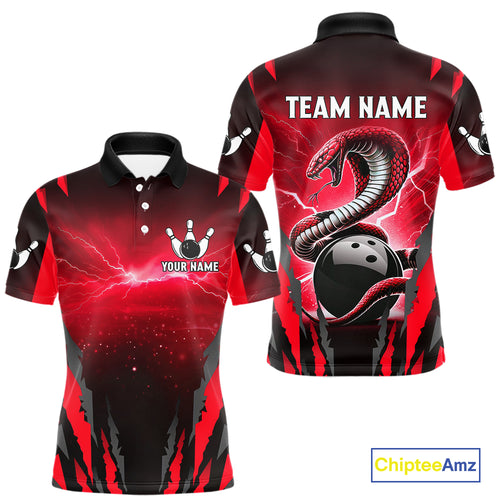 Personalized Thunder Lightning Cobra Snake Bowling Shirts For Men, Red Bowling Team Jersey TDM4644