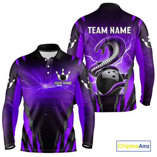 Personalized Purple Thunder Lightning Cobra Snake Bowling Shirts For Men, Bowling Team Jersey TDM4645