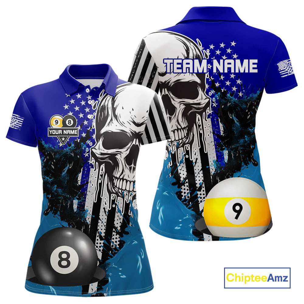 Personalized 8 & 9 Ball Pool Skull Billiard Shirt For Women Custom Grunge Billiard Team Jersey |Blue TDM4648