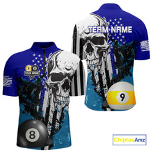 Load image into Gallery viewer, Personalized 8 &amp; 9 Ball Pool Skull Billiard Shirt For Men Custom Grunge Billiard Team Jersey |Blue TDM4648