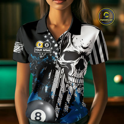 Personalized 8 & 9 Ball Pool Skull Billiard Shirt For Women Custom Grunge Billiard Team Jersey |Blue TDM4649