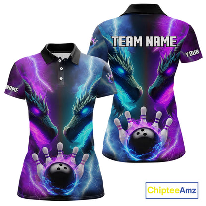 Custom Blue Purple Fire Dragon Bowling Jersey For Women Custom Lightning Bowling Shirt Polo, 1/4 Zip TDM6150