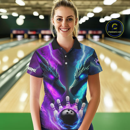 Custom Blue Purple Fire Dragon Bowling Jersey For Women Custom Lightning Bowling Shirt Polo, 1/4 Zip TDM6150