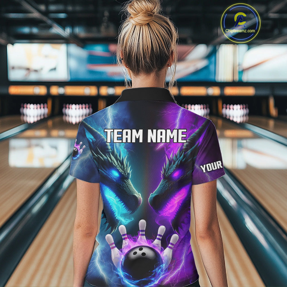 Custom Blue Purple Fire Dragon Bowling Jersey For Women Custom Lightning Bowling Shirt Polo, 1/4 Zip TDM6150