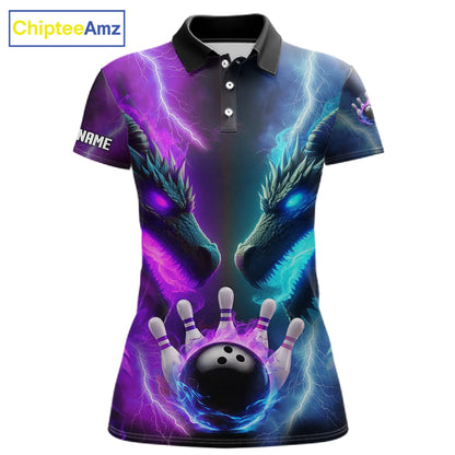 Custom Blue Purple Fire Dragon Bowling Jersey For Women Custom Lightning Bowling Shirt Polo, 1/4 Zip TDM6150