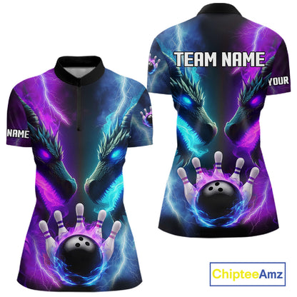 Custom Blue Purple Fire Dragon Bowling Jersey For Women Custom Lightning Bowling Shirt Polo, 1/4 Zip TDM6150