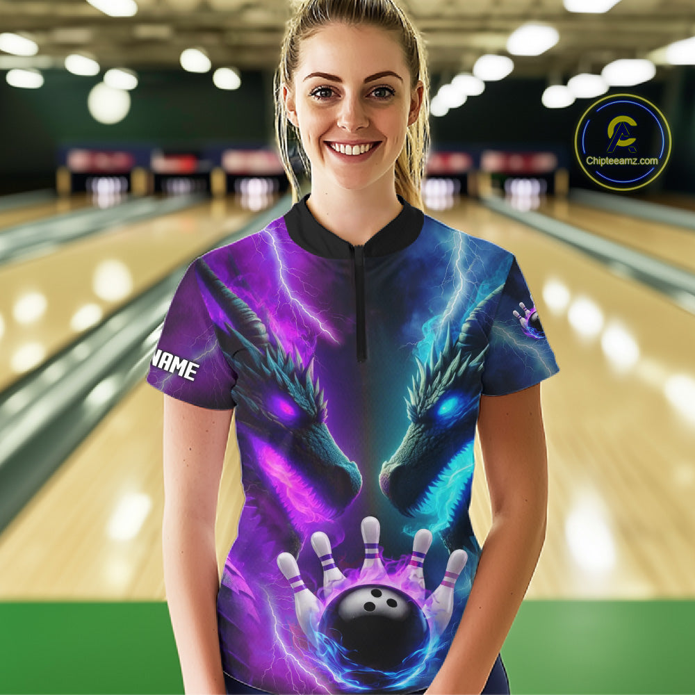 Custom Blue Purple Fire Dragon Bowling Jersey For Women Custom Lightning Bowling Shirt Polo, 1/4 Zip TDM6150