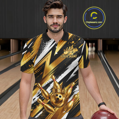 Custom Black And Gold Bowling Jersey For Men, Crown Bowling Team Shirts Polo & Quarter Zip Shirts TDM6570