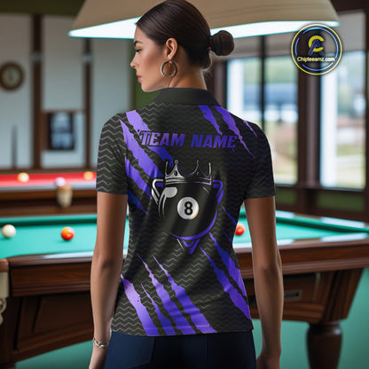 Black And Purple Scratch Billiard Shirt For Women Custom 8 Ball Crown Pool Team Jersey Polo, 1/4 Zip TDM4240
