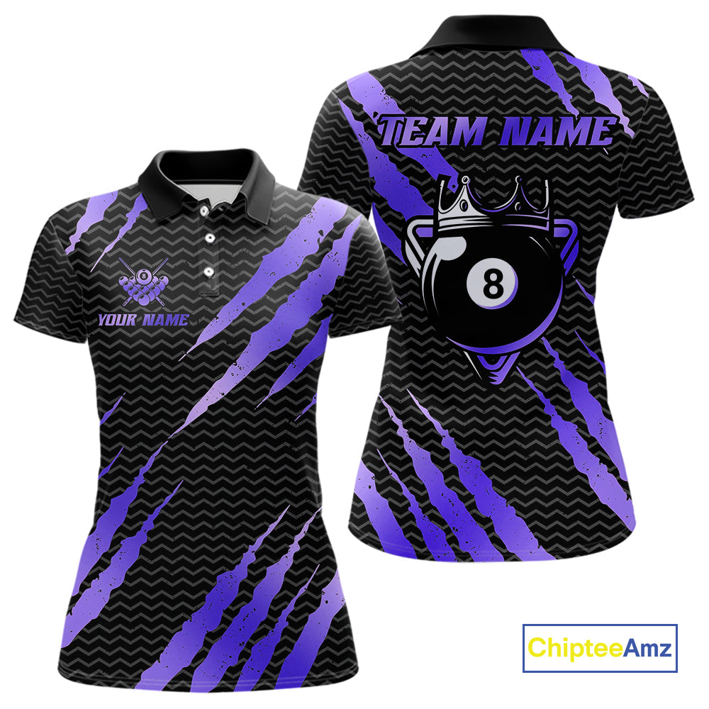 Black And Purple Scratch Billiard Shirt For Women Custom 8 Ball Crown Pool Team Jersey Polo, 1/4 Zip TDM4240
