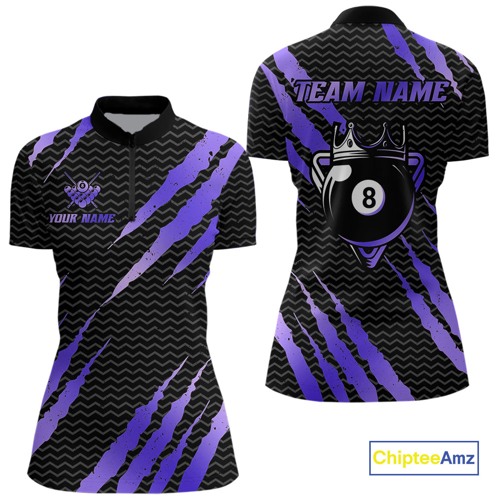 Black And Purple Scratch Billiard Shirt For Women Custom 8 Ball Crown Pool Team Jersey Polo, 1/4 Zip TDM4240