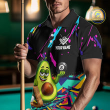 Load image into Gallery viewer, Man wearing a colorful avocado 8 ball billiard jersey beside a pool table front view.