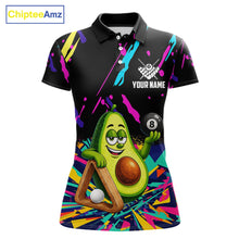 Load image into Gallery viewer, Colorful avocado 8 ball billiard polo shirt for women with custom pool team graphics.