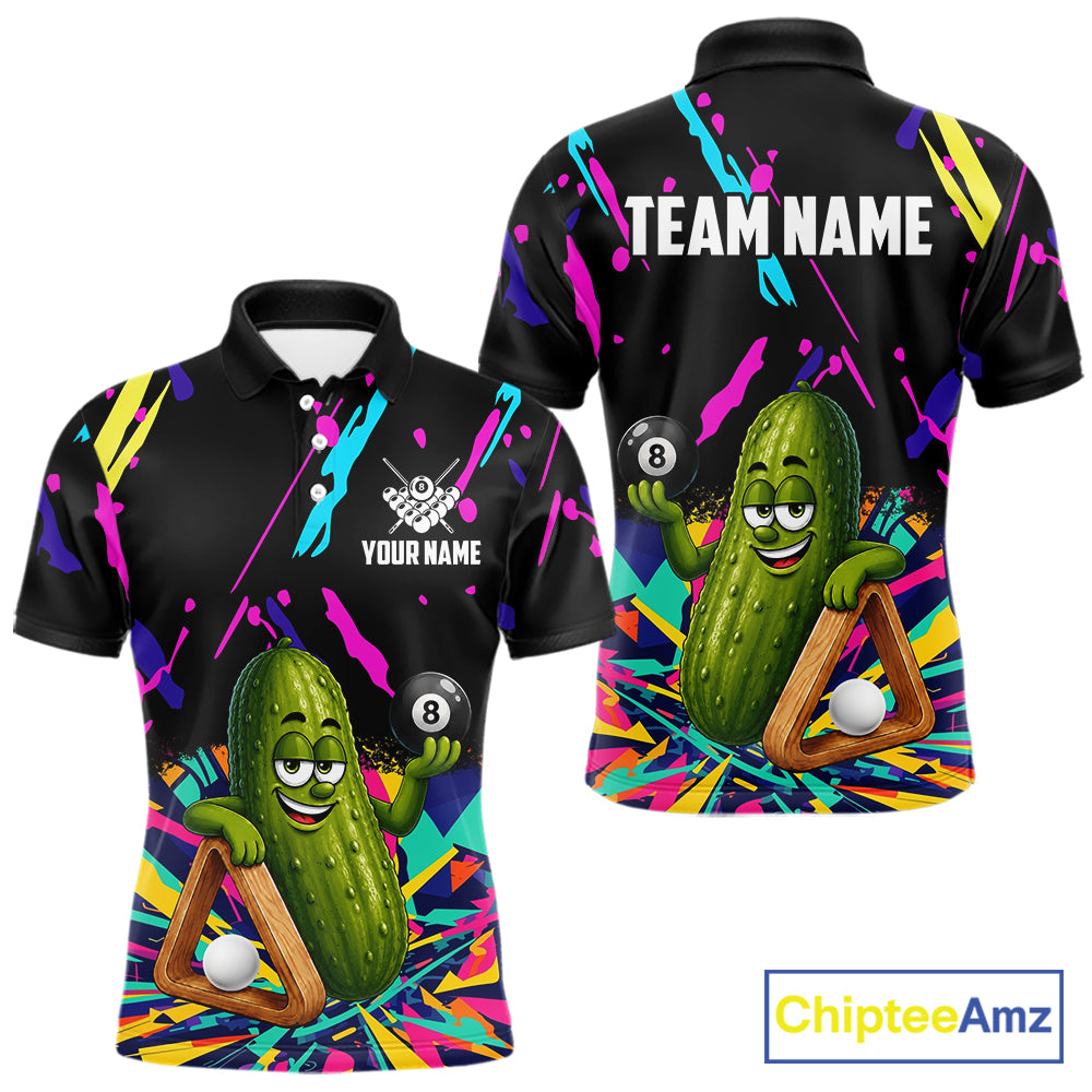 Colorful pickle 8 ball billiard polo shirt for men with custom pool team graphics.