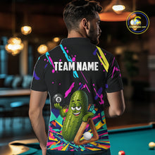 Load image into Gallery viewer, Back view of man wearing a colorful pickle 8 ball pool shirt in a billiards hall.