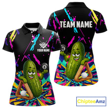 Load image into Gallery viewer, Colorful pickle 8 ball billiard polo shirt for women with custom pool team graphics.