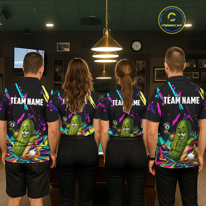 Pool team wearing matching colorful pickle 8 ball billiard jerseys during tournament competition front view.