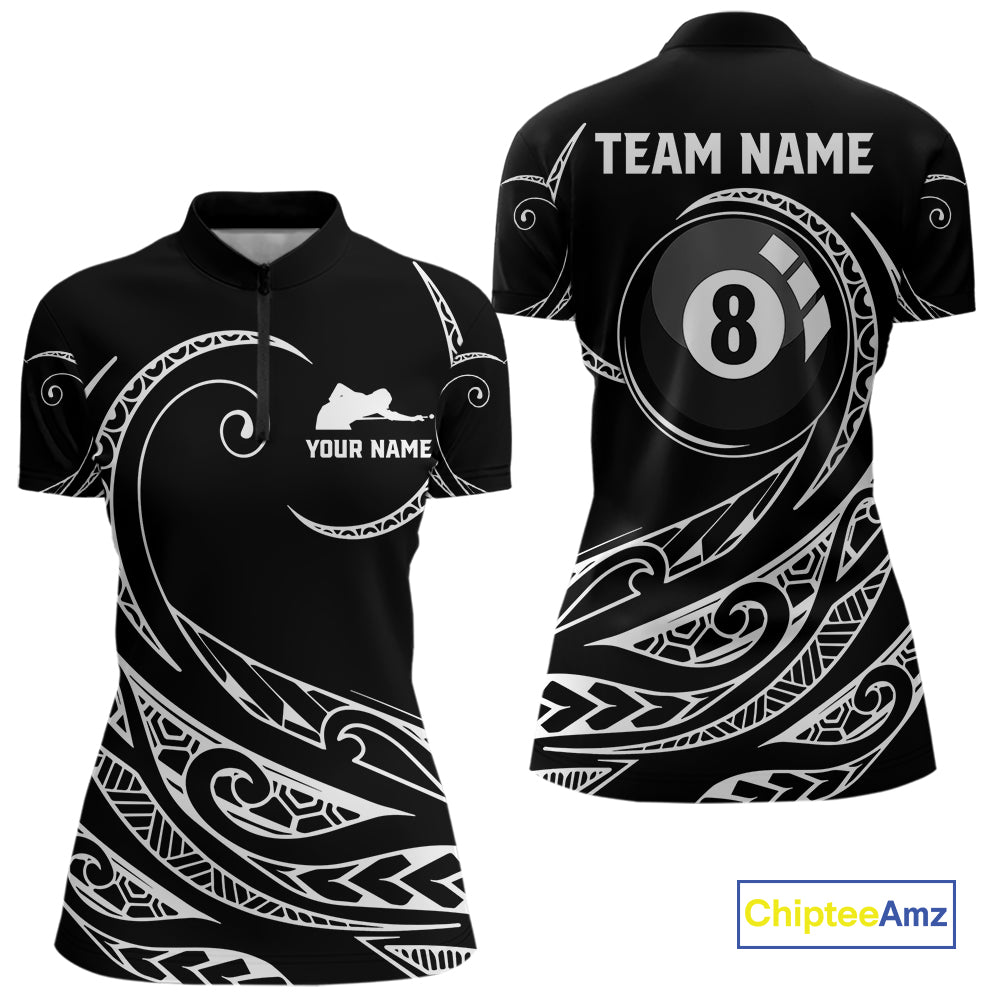 Black White 8 Ball Pool Tribal Billiard Shirt For Women Custom Billiard Team Jersey Polo & 1/4 Zip TDM4411