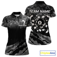 Load image into Gallery viewer, Personalized Grunge Camo Billiard Shirts For Women, Funny 8 Ball Pool Team Jersey Polo &amp; 1/4 Zip TDM6155