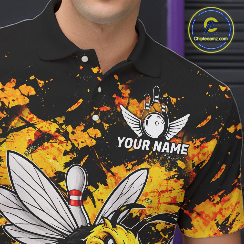 Funny Bee Custom Grunge Yellow Black Bowling Shirt For Men, Bowling Team Jersey Polo & 1/4 Zip TDM6162