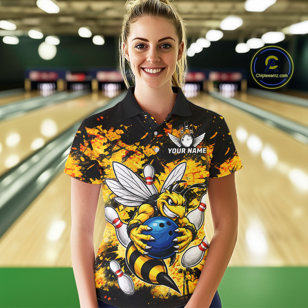 Funny Bee Custom Grunge Yellow Black Bowling Shirt For Women, Bowling Team Jersey Polo & 1/4 Zip TDM6162