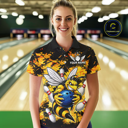 Funny Bee Custom Grunge Yellow Black Bowling Shirt For Women, Bowling Team Jersey Polo & 1/4 Zip TDM6162