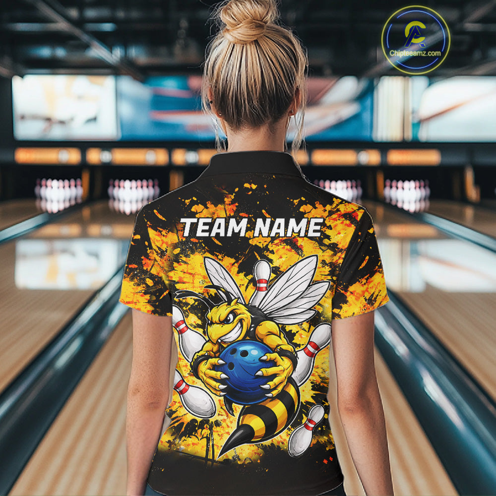 Funny Bee Custom Grunge Yellow Black Bowling Shirt For Women, Bowling Team Jersey Polo & 1/4 Zip TDM6162