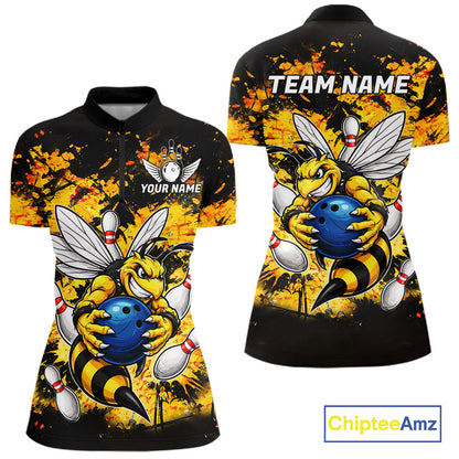 Funny Bee Custom Grunge Yellow Black Bowling Shirt For Women, Bowling Team Jersey Polo & 1/4 Zip TDM6162