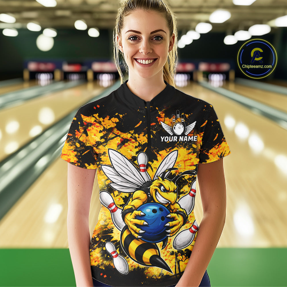 Funny Bee Custom Grunge Yellow Black Bowling Shirt For Women, Bowling Team Jersey Polo & 1/4 Zip TDM6162