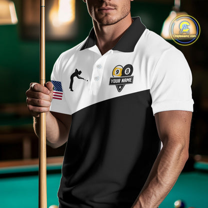 Man wearing a personalized 8 ball and 9 ball custom billiard jersey front view, pool tournament team shirt.