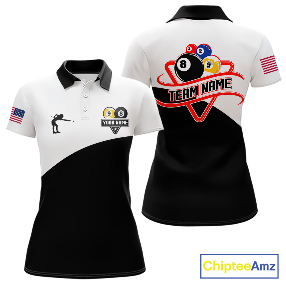 Personalized 8 ball and 9 ball billiard tournament polo shirt for women, custom pool team jersey for competitions.