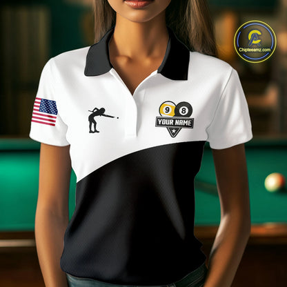Woman wearing a personalized 8 ball and 9 ball custom billiard jersey front view, pool tournament team shirt.