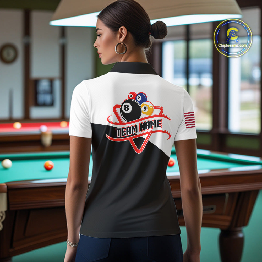 Back view of woman wearing an 8 ball and 9 ball billiard team jersey, custom pool tournament apparel.