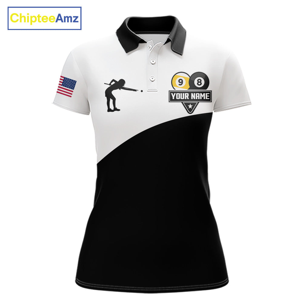 Personalized 8 ball and 9 ball billiard tournament polo shirt for women, custom pool team jersey for competitions.