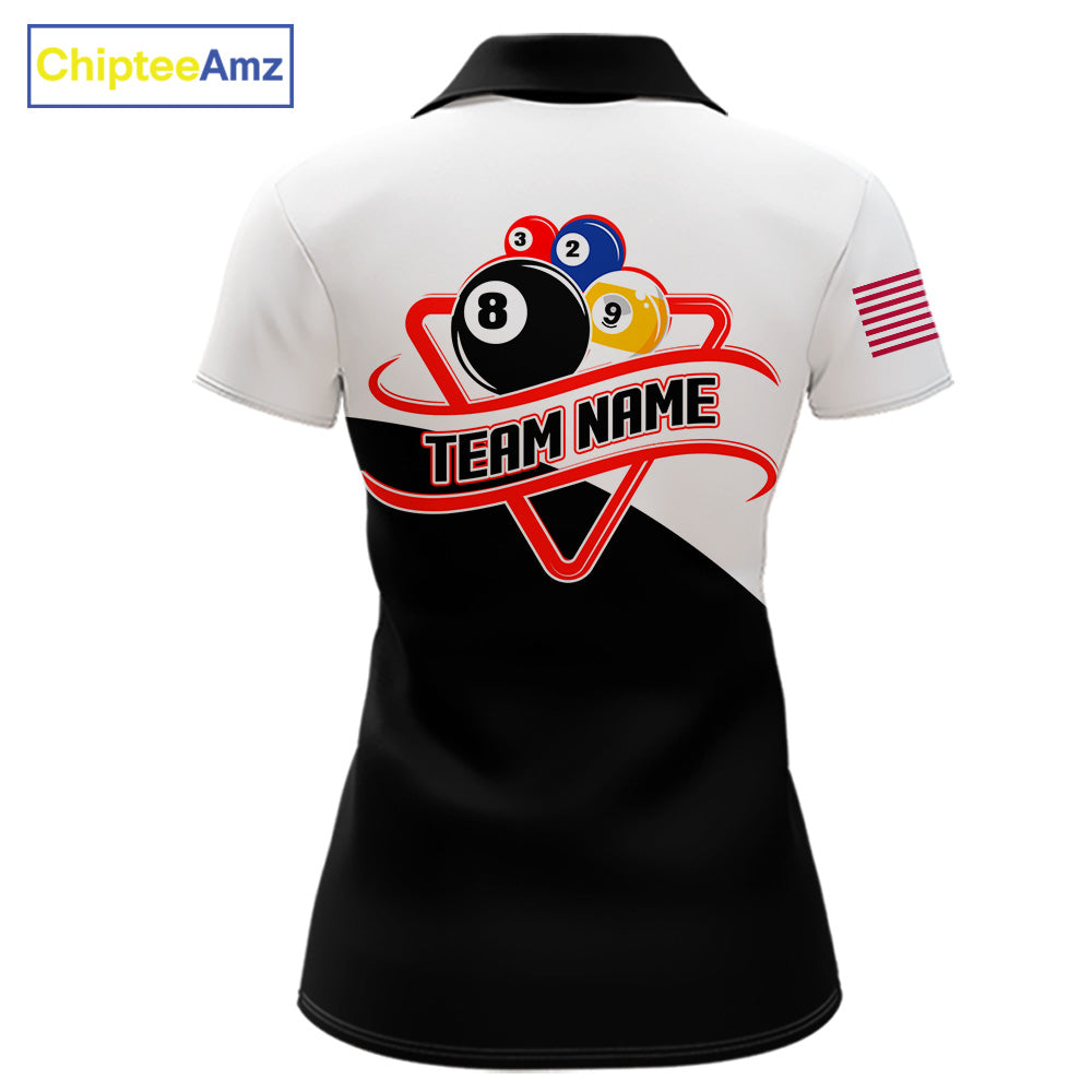 8 ball and 9 ball pool team polo shirt with personalized billiard tournament graphics and custom team branding.