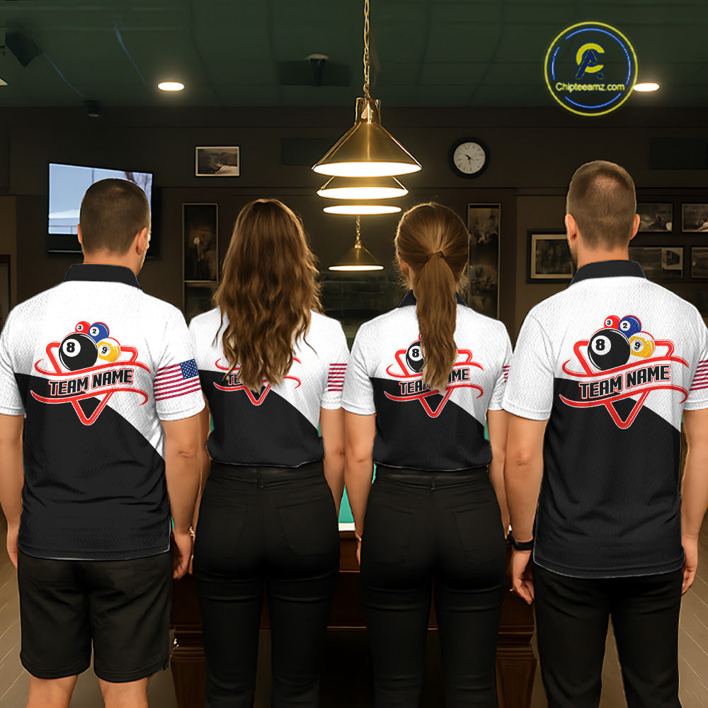 Back view of pool players wearing matching 8 ball and 9 ball billiard team shirts and custom pool jerseys.