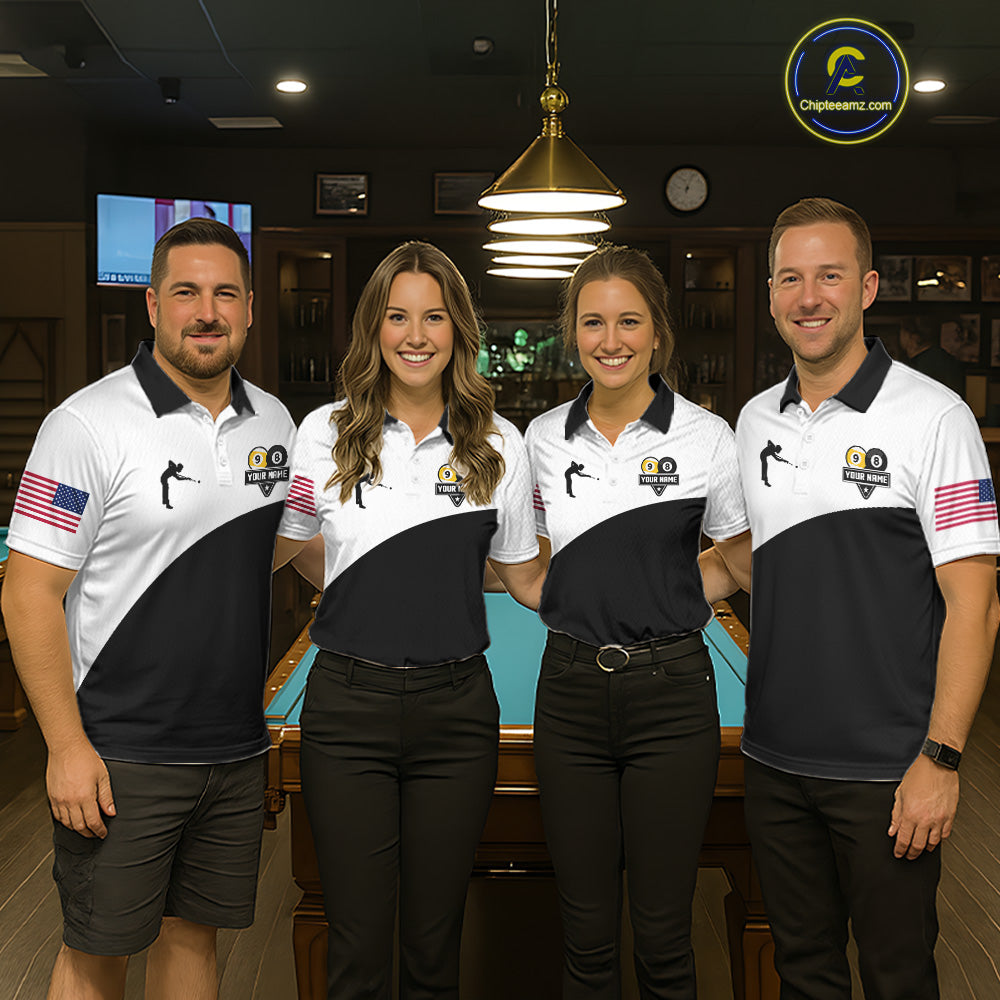 Pool team wearing matching personalized 8 ball and 9 ball billiard jerseys during tournament competition front view.