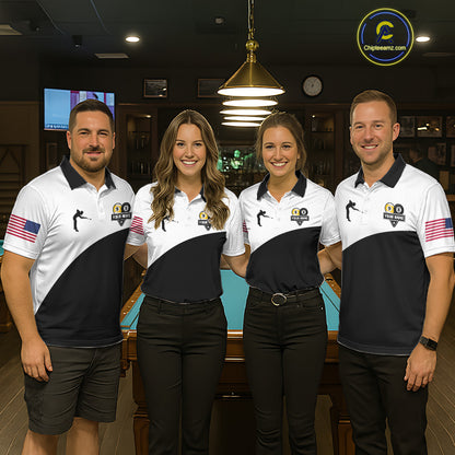 Pool team wearing matching personalized 8 ball and 9 ball billiard jerseys during tournament competition front view.