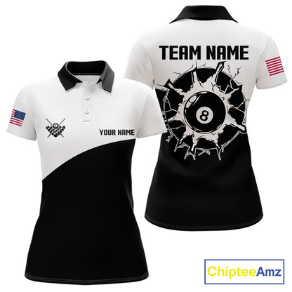 Black and white 8 ball custom billiard polo shirt for women, personalized pool team jersey for tournaments.