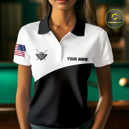 Woman wearing a black and white 8 ball custom billiard jersey front view, personalized pool team shirt.