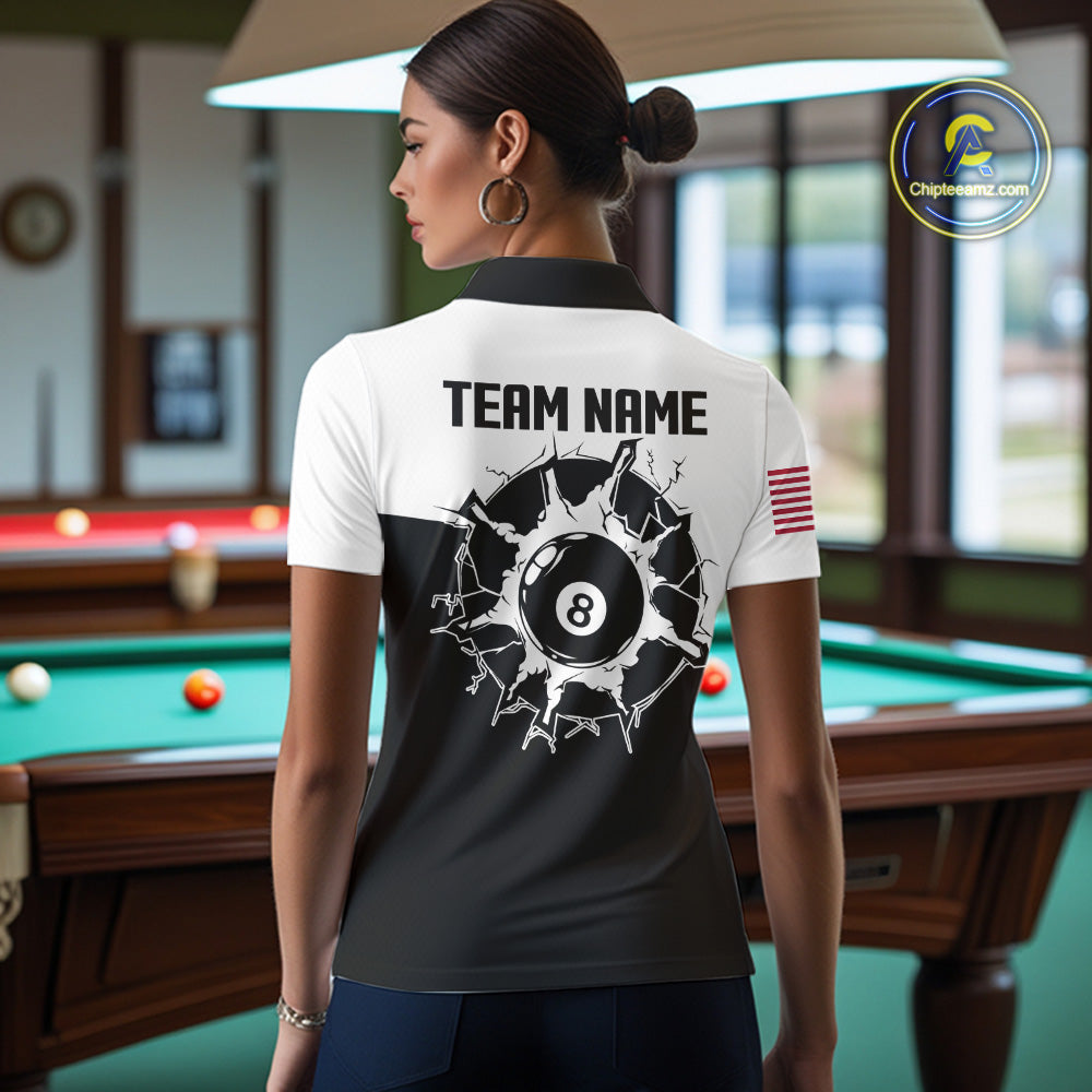 Back view of woman wearing a black and white 8 ball billiard team jersey, custom pool tournament shirt.