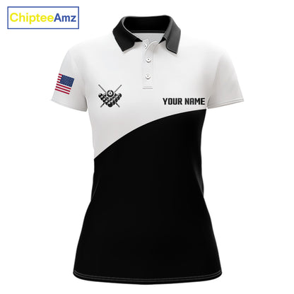 Black and white 8 ball custom billiard polo shirt for women, personalized pool team jersey for tournaments.