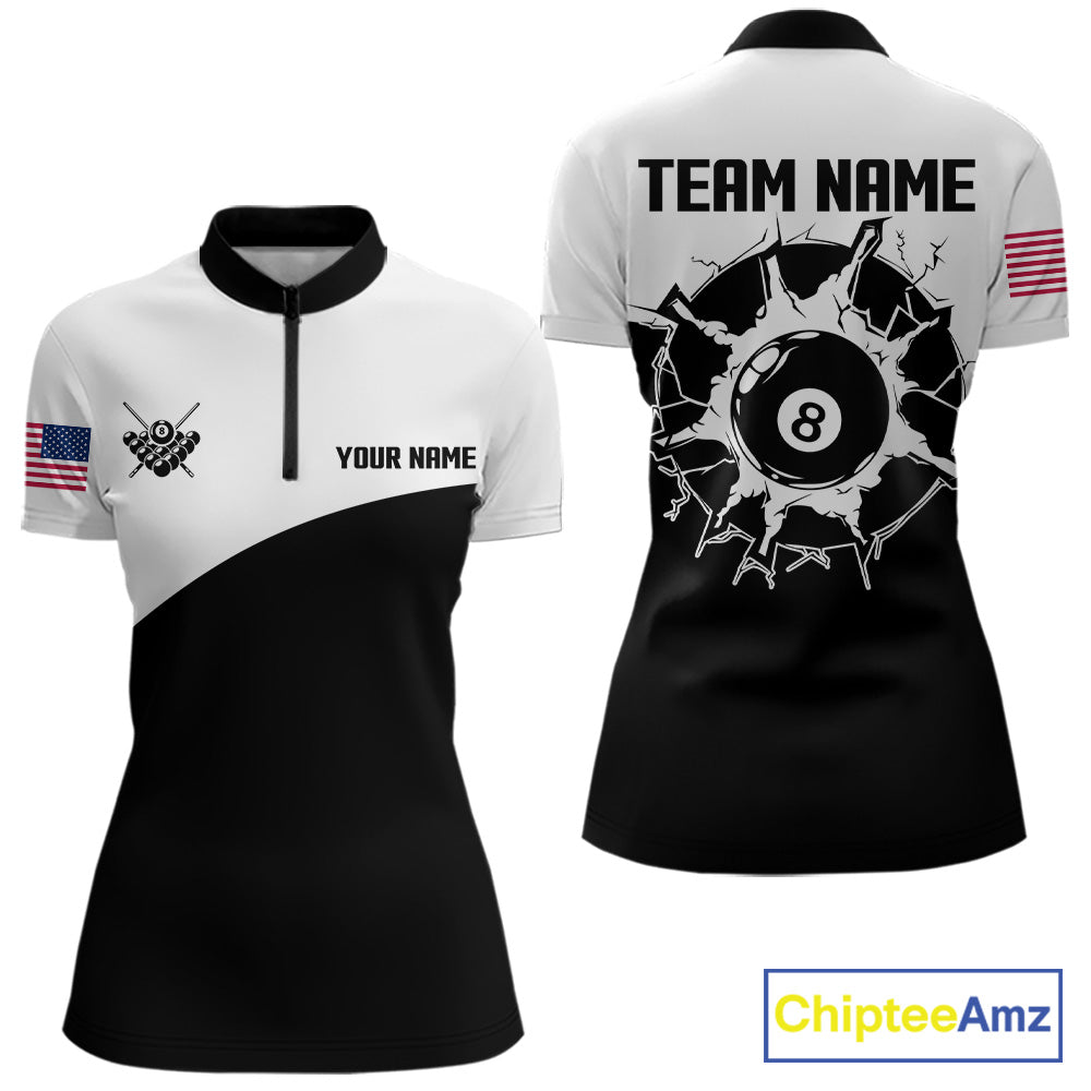 Black and white 8 ball quarter zip billiard shirt for women, custom pool team jersey and tournament apparel.