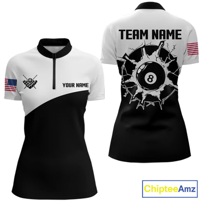 Black and white 8 ball quarter zip billiard shirt for women, custom pool team jersey and tournament apparel.