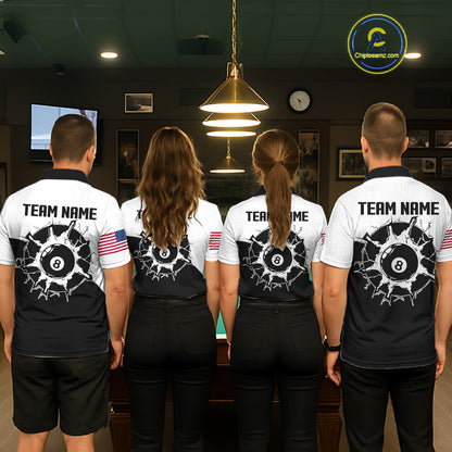 Back view of pool players wearing matching black and white 8 ball billiard team shirts and custom pool jerseys.