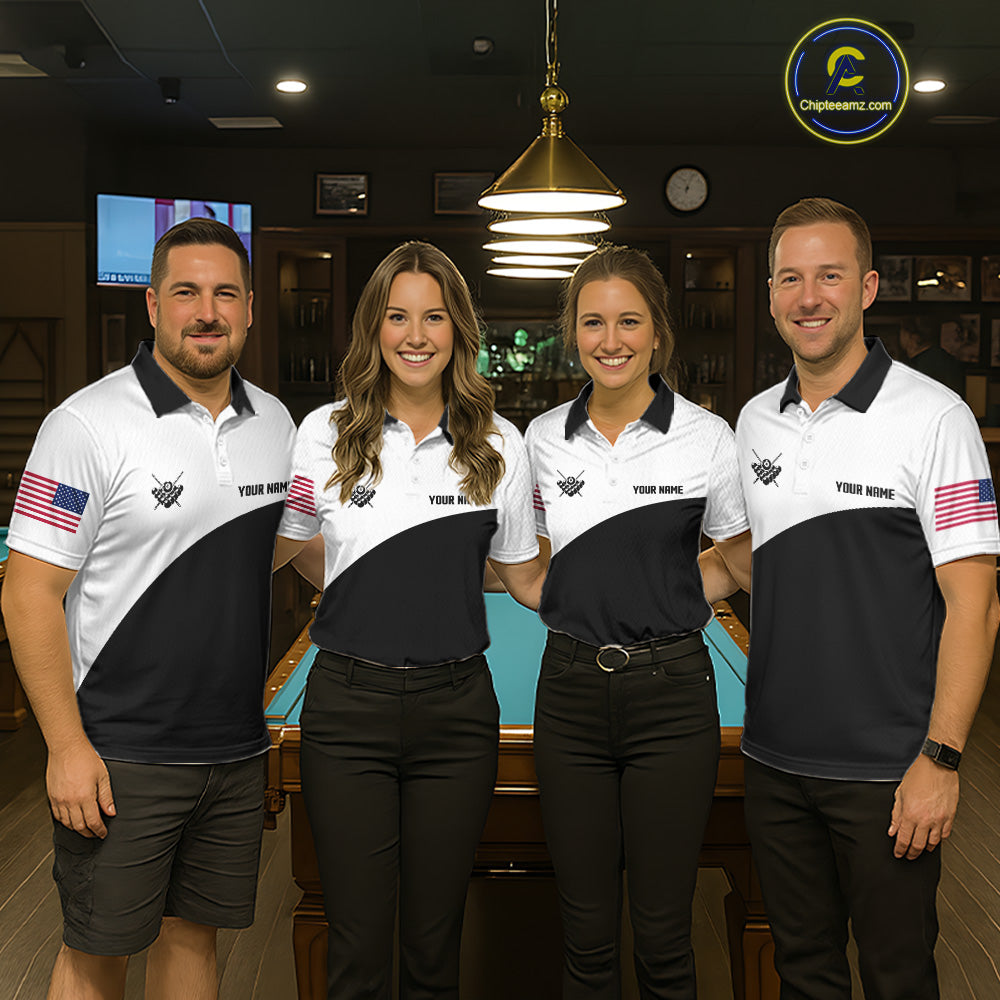 Pool team wearing matching black and white 8 ball custom billiard jerseys during tournament competition front view.